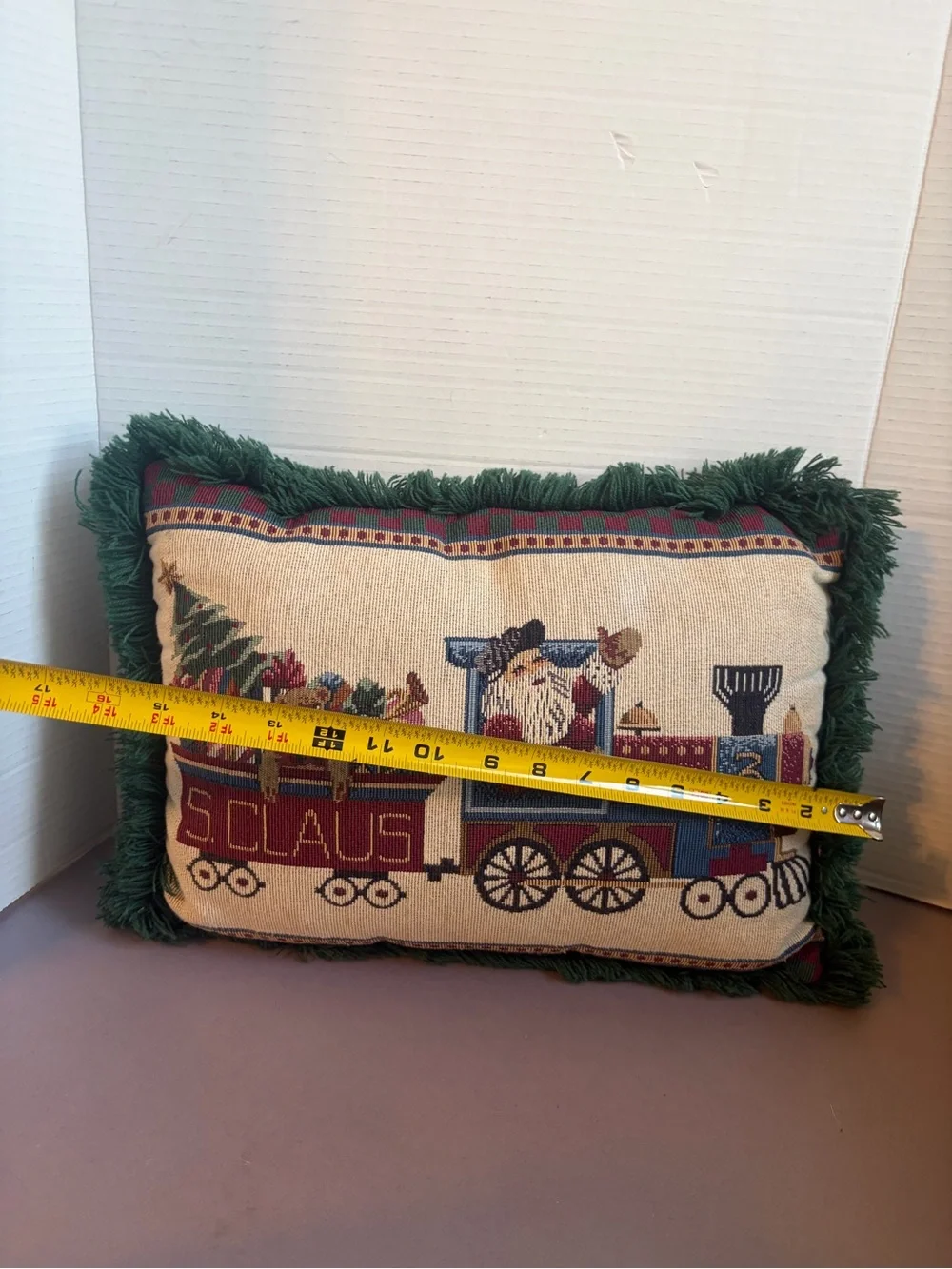 Decorative Santa Train Holiday Pillow - Green Fringe